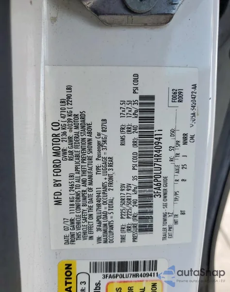 2017 Ford Fusion Se Hybrid from USA, damaged, VIN 3FA6P0LU7HR409411
